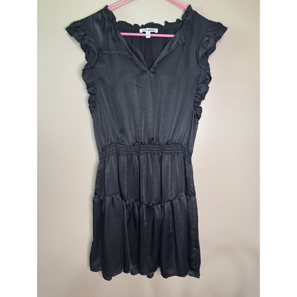 Steve Madden Prairie Dreams Mini Dress Women's L Black Satin Flutter Sleeve NWT